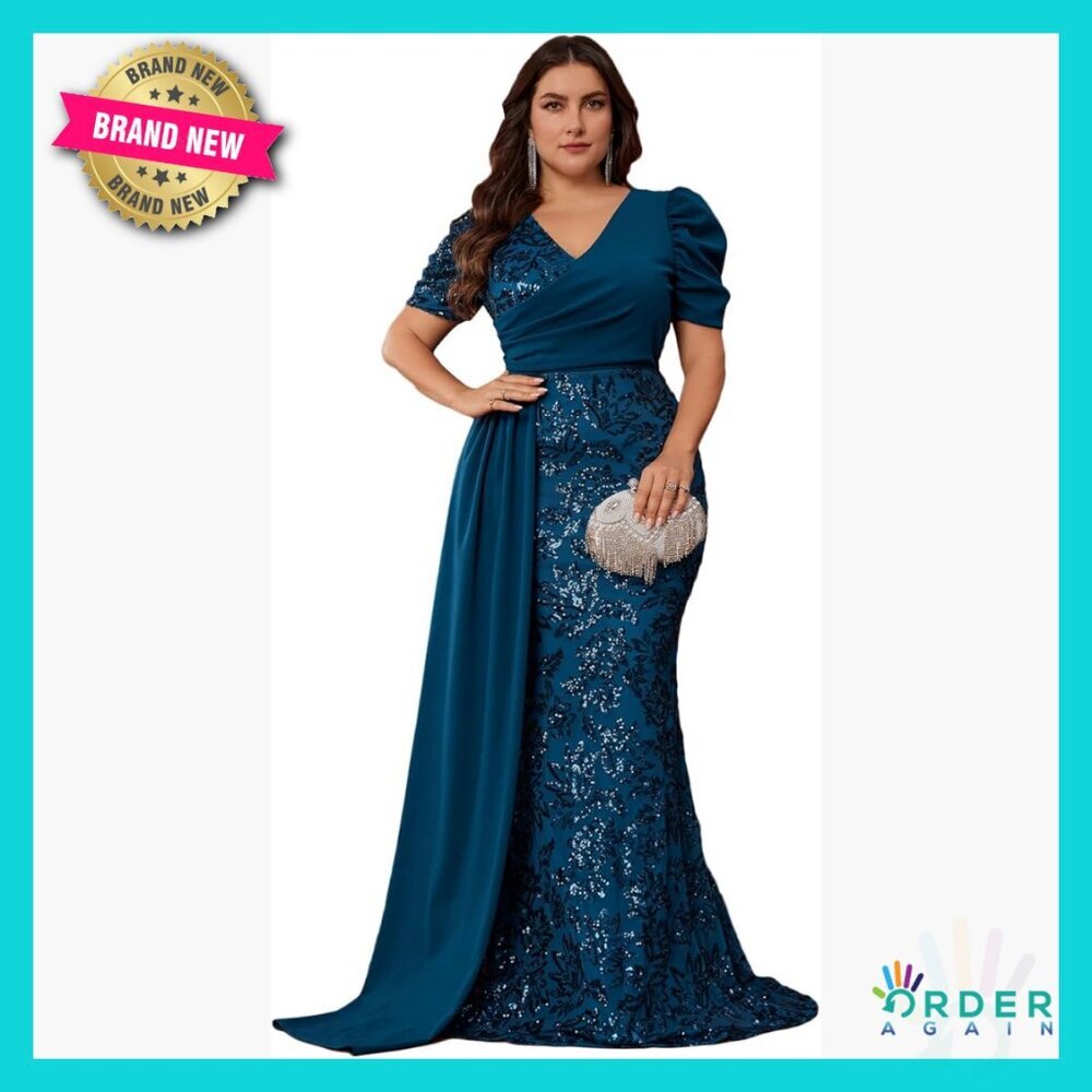 Elegant Formal Mermaid Dress Puff Sleeve Sequin Wedding Guest Ball Gown